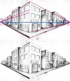 two drawings of buildings with different angles and lines on the front, back and side