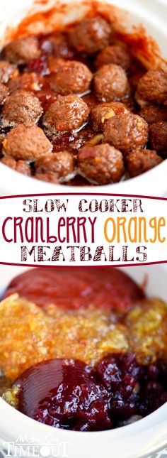 cranberry orange meatballs in a white bowl with text overlay that reads slow cooker cranberry orange meatballs