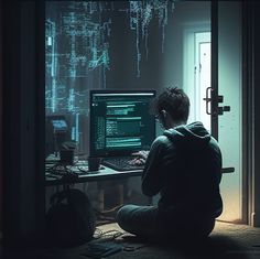 a person sitting at a desk in front of a computer with code on the screen