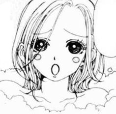 a drawing of a girl with big eyes and an ear ring on her head, in the clouds