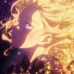 a woman with blonde hair and blue eyes looking up at the stars in the sky