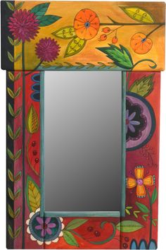 Small Mirror –  Colorful mirror with floral motifs painted in lovely rich hues Painted Mirrors, Hand Painted Mirrors, Colorful Mirror, Sticks Furniture, Flower Mirror, Handmade Mirrors, Small Mirror, Contemporary Mirror, Des Moines Iowa