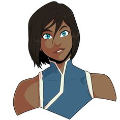 an animated avatar of a woman with blue eyes and black hair, wearing a blue top