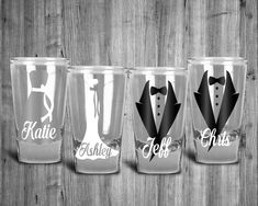 three personalized shot glasses with tuxedos on them