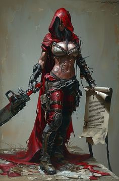 a painting of a woman dressed in red holding a chainsaw