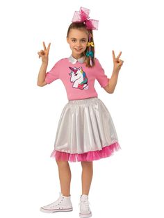 If your daughter wants to make it big out there on YouTube, then she is going to absolutely love dressing up as the best to ever do it when she puts on our JoJo Siwa Girls Candy Store Costume. With this set, you will receive everything your little angel needs to become a master singer and dancer who just so happened to star on Dance Moms. Featuring a pretty pink shirt with a unicorn print, a glamorous white skirt with pink accents, as well as a pink hair bow with attached braids with bows, she's Halloween Costumes For Big Kids, 9 Birthday, Shiny Skirts, Big Hair Bows, Unicorn Kids, Theatre Costumes, Jojo Siwa, Candy Store, Halloween Girl