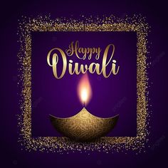 happy diwali greeting card with lit candle and gold glitters on purple background