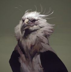 an artistic painting of a bird with long, white hair and black jacket on it's head