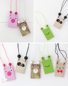 four different pictures of small tags with animals on them, one is pink and the other is green