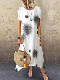 White Round Neck Abstract Print Casual Holiday Short Sleeve Midi Dress Bohemian Beach Dress, Shift Dress Casual, Maxi Shift Dress, Short Sleeve Maxi Dresses, Midi Short Sleeve Dress, Spring Summer Dress, Polyester Dress, Printed Midi Dress, Cheap Dresses