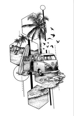 a black and white drawing of a vw bus on the beach with palm trees