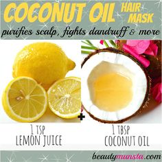 Lemon juice and coconut oil hair mask that fights dandruff and cleanses scalp from deep within the hair follicles: Coconut Oil For Hair, Lemon Scrub, Oil For Curly Hair, Coconut Oil Hair Growth, Oil Hair Mask, Coconut Oil Beauty, Hair Mask Recipe, Benefits Of Coconut