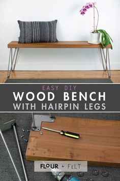 wood bench with hairpin legs and tools on the floor, next to a plant