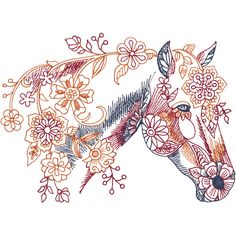 an embroidered horse head with flowers and leaves on it