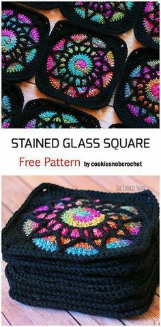 crocheted coasters are stacked on top of each other with the text, stained glass square free pattern