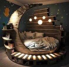 a circular bed in the middle of a room