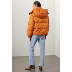 Orange nylon (100% Polyester). Puffer. Long sleeves. High neck. Front zipper fly with button closure. 23" from shoulder to hemline. Imported. Winter Puffer Jacket With Zip Fly, Hooded Nylon Puffer Jacket For Fall, Hooded Puffer Jacket With Padded Collar For Workwear, Hooded Nylon Outerwear For Fall, Trendy Fall Puffer Jacket With Detachable Hood, Cold Weather Nylon Outerwear With Padded Collar, Nylon Outerwear With Padded Collar For Cold Weather, Nylon Fall Outerwear With Pockets, Fall Nylon Outerwear With Detachable Hood