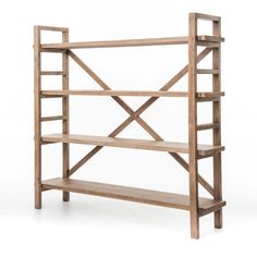 a wooden shelf with three shelves on one side and an open bookcase on the other