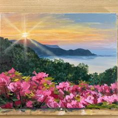 an oil painting of pink flowers in front of a sunset over the ocean and mountains