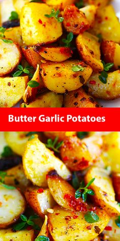 two pictures side by side one with garlic and the other with buttered potatoes on it