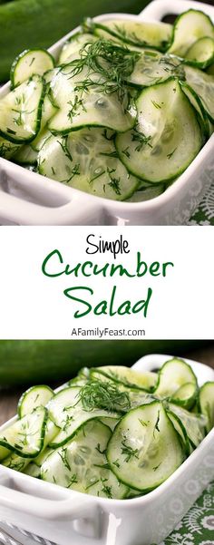 cucumber salad in a white serving dish