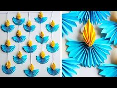 two pictures with blue and yellow paper decorations on the wall, one is made out of folded