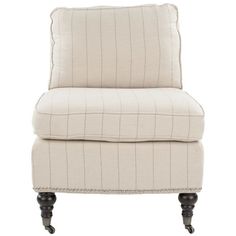 a white chair with black legs and a striped cushion on the armrest, against a white background