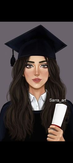 a digital painting of a woman in graduation cap and gown holding a diploma scroll with the words sara art on it