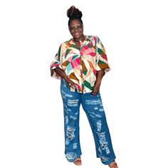 Look amazing and feel like you can take on the world in these Women's Plus Size Distressed Flare Denim Pants! With a high rise and wide leg fit, you'll love the super soft feel of the fabric and the medium denim washed look. From the destroyed details on the front and back to the relaxed and totally flared fit, you'll be in style and comfort when you rock these jeans! Multicolored top Royal Blue Kimono Urban Distressed Denim Blue Flare Jeans, Multicolor Graphic Print Denim Bottoms, Urban Wide-leg Recycled Denim Pants, Bohemian Full-length Denim Bottoms, Denim 24/7 Plus Size Clothing, Blue Kimono, White Tie, Office Casual, Jogger Set