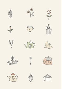 an image of various items that are drawn in ink on paper, including flowers and teapots