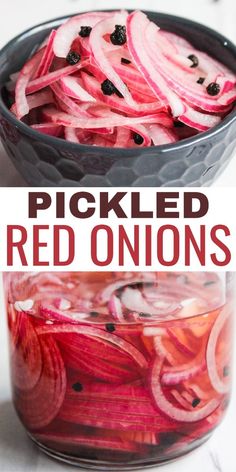 pickled red onions in a bowl with text overlay that reads pickled red onions