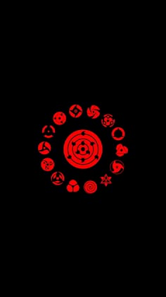 an image of a red circle with symbols in the middle on a black back ground