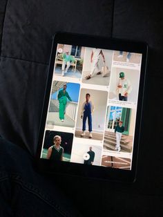 a person is holding an electronic device with pictures on it and people in green outfits