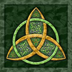 a green and yellow celtic knot on a black background with gold trimmings in the shape of two interlocked circles