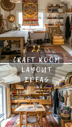 two photos with the words craft room layout ideas