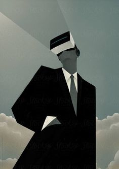 a man in a suit and tie standing under a cloudy sky