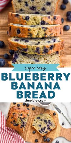 blueberry banana bread is cut into slices on a cutting board