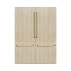 an image of a refrigerator with two doors and gold handles on the front door