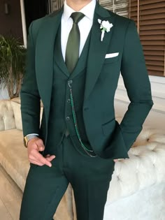 Green Slim-Fit Suit 3-Piece | BOJONI Green Taxido Suit For Men, Men Brown And Green Outfit, Prince Naveen Tuxedo, Emerald Suits For Men, Forest Green Wedding Suit Grooms, Emerald Green Suits For Men Wedding, Emerald Green Suits For Men Prom, Suite For Men Wedding, Green Groom Suits For Wedding