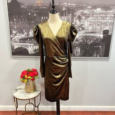 New With Tag Inc International Concepts Women's Velvet Wrap Dress Color: Gold Available In Size: Medium Long Sleeves Wrap Style Velvet Crushed Velvet Surplice Neckline Puff Shoulders Draped Wrap Front Sash Belt At Waist P5-3 9-3 1 Sh.12 Gold V-neck Mini Dress For Fall, Gold Midi Dress For Formal Fall Events, Gold Long Sleeve Dress For Work, Gold Long-sleeved Dress For Work, Long Sleeve Gold Dress For Work, Gold Mini Dress For Cocktail Events In Fall, Gold Mini Dress For Fall Cocktail Events, Gold Mini Dress For Fall Cocktail, Gold V-neck Dress For Work