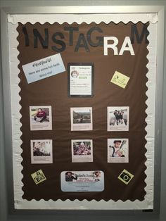 a bulletin board with pictures and magnets on it that says instagm ra