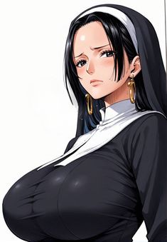 an anime character with long black hair and big hoop earrings, wearing a nun costume