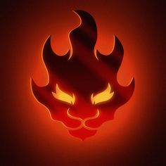 a red and yellow fire demon face on a black background with the word evil written below it