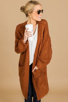 Pumpkin Spice Sweater Cardi :: NEW ARRIVALS :: The Blue Door Boutique Fall Cable Knit Brown Sweater Coat, Fall Brown Open Knit Sweater, Brown Chunky Knit Cardigan For Fall, Cozy Brown Knit Sweater Coat, Cozy Brown Sweater Coat For Fall, Fall Cable Knit Sweater Coat, Cable Knit Cardigan For Fall And Cold Weather, Cozy Cable Knit Open Front Sweater Coat, Fall Solid Color Chunky Knit Sweater Coat