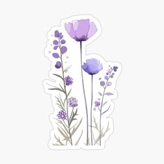 three purple flowers sticker on a white background, with lavenders and thistle in the foreground