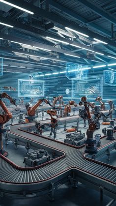 an industrial factory filled with robots working on machines