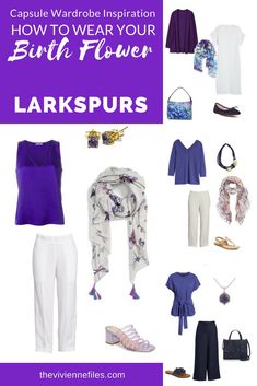 A CAPSULE WARDROBE INSPIRED BY LARKSPURS - THE BIRTH FLOWER FOR JULY Capsule Wardrobe Purple, Spring Fitted Purple Cardigan, Purple Wide-leg Pants For Summer, Purple Flower Pendant Necklace For Birth Flower, Purple Birth Flower Pendant Jewelry, French Minimalist Wardrobe, Wardrobe Sets, Minimalist Capsule Wardrobe