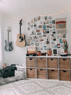 a bedroom with baskets and guitars on the wall