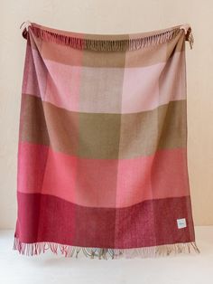 a pink and brown checkered blanket hanging on a wall