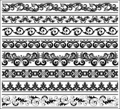 a set of decorative black and white borders with swirls, leaves and scrolls on them